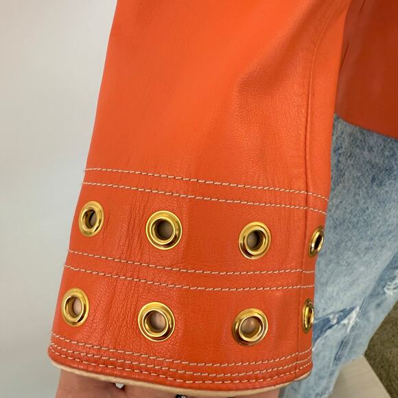St. John Lamb Leather Jacket Full Zip Peachy Orange with Grommets Size Small - Picture 6 of 16